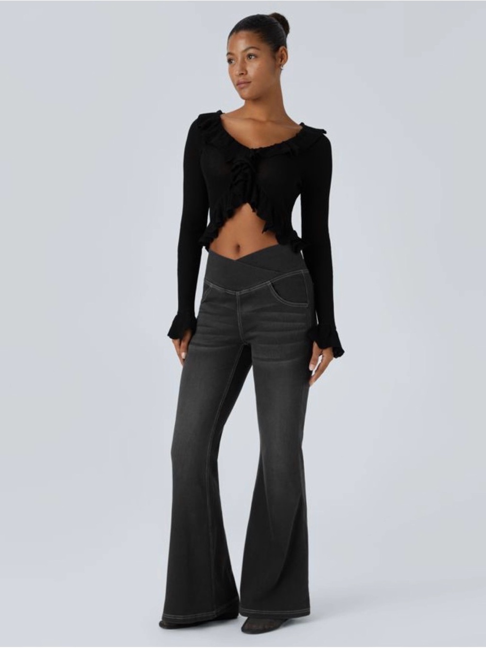 Halara Flex™ High Waisted Crossover Pocket Washed Blk Casual Flare Jeans, size L - Picture 7 of 12